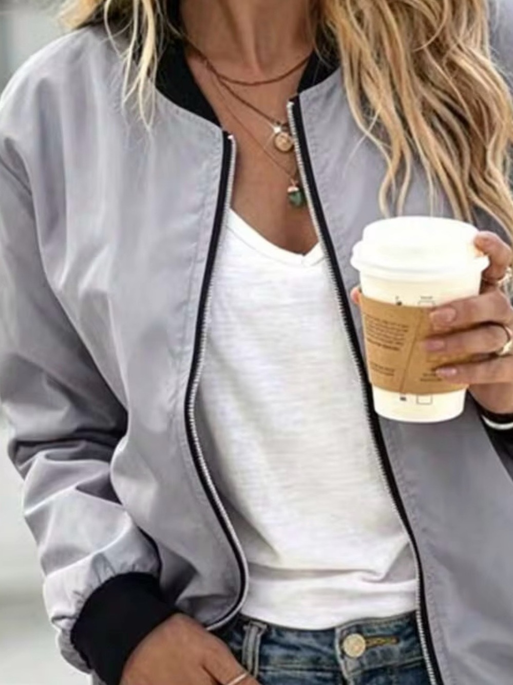 PrettyLittleThing Silver-Gray Bomber Jacket with Black Trim